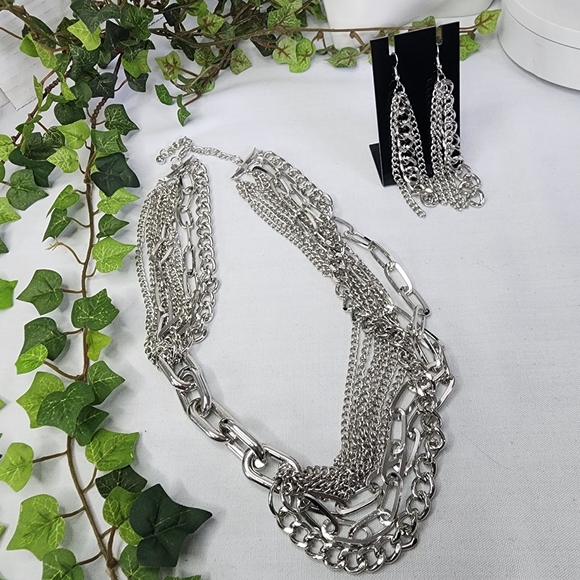 Unique Silver Multi Chain Necklace Earrings Set  New - Picture 3 of 8